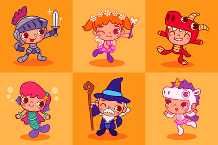 Funny and cute kids in Halloween party fantasy theme costume. Children in Halloween costume cartoon character design.のイラスト素材