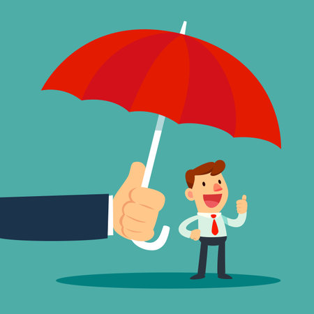 Big hand holding umbrella protecting small businessman. Protection and support business concept.のイラスト素材