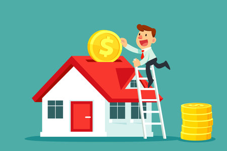Businessman on ladder put gold coin with dollar sign into a house. Real estate investment business concept.のイラスト素材