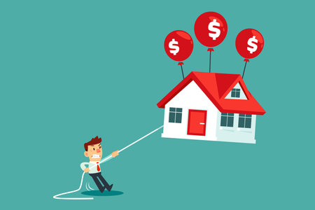 Businessman holding rope tie to floating house with dollar sign balloon. Inflation business concept.のイラスト素材
