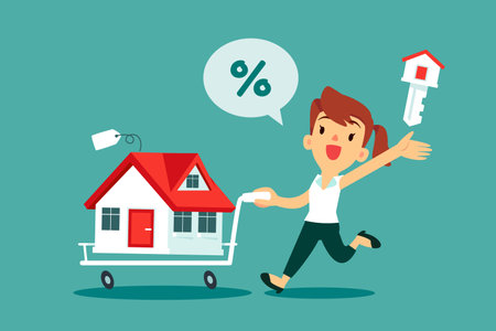Woman with house key and a new house in shopping cart. Mortgage loan, House purchased concept.のイラスト素材