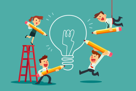Business team use pencil to draw big idea bulb. Creative teamwork business concept.のイラスト素材