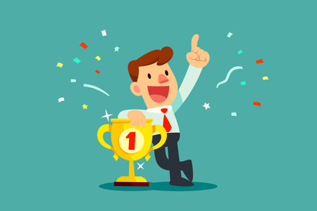 Happy and successful businessman stand beside huge award winning trophy with confetti in background. Winning a successful award business concept.のイラスト素材