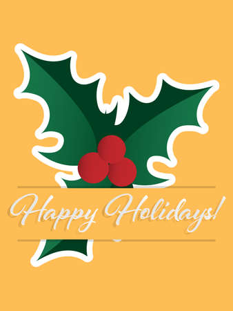 Illustration of Paper art carving of holly berries under "Happy Holidays!" text in white on yellow illustration.のイラスト素材