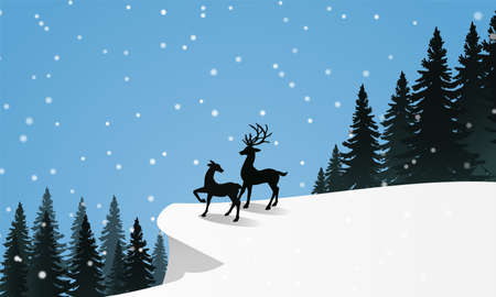 Silhouette of male and female deer standing on the snow hill.のイラスト素材