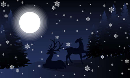 Silhouette of male and female deers looking at the full moon on the hill near pine trees under snow and clear night sky.のイラスト素材