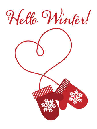 Illustration of thick warm winter gloves in flat design and "Hello Winter" text on white illustration.のイラスト素材