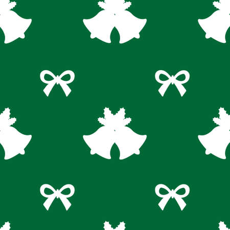 Pattern with ribbon and bell with holly leaf on green illustration.のイラスト素材