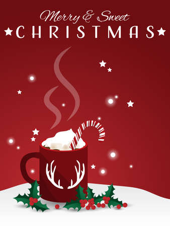 Illustration of red mug of hot chocolate with marshmallow and candy canes near branch of holly berries on snow.のイラスト素材