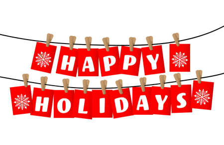 Happy Holidays Greetings on red Tags Hanging with woods clamp on a black Line with Snowflakes.のイラスト素材