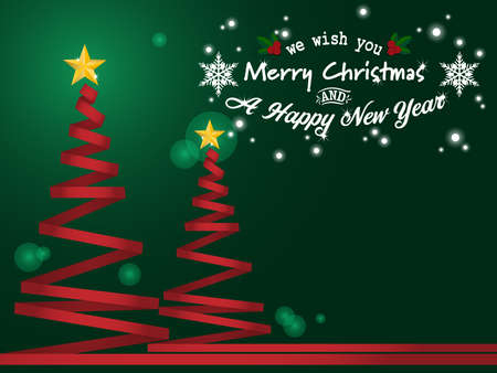 Illustration of Christmas tree made of red ribbon with gold star on green pattern.のイラスト素材