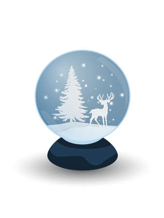 Illustration of snow globe with deer and Christmas tree inside isolated on white illustration.のイラスト素材