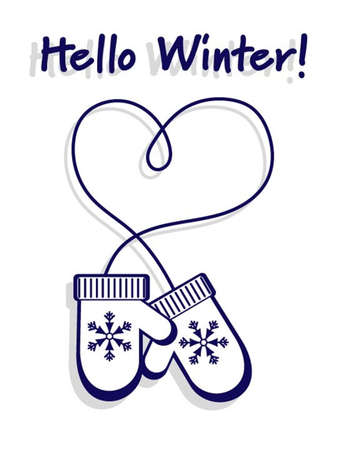 Vector illustration of thick warm winter gloves in flat design and "Hello Winter" text on white background. Design for Christmas and New Year greeting.のイラスト素材