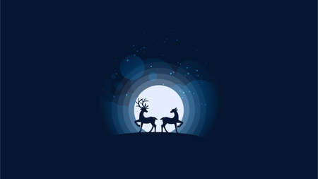 Vector illustration of deers couple looking at the full moon. Night sky with stars and cloud. Vector illustration background.のイラスト素材