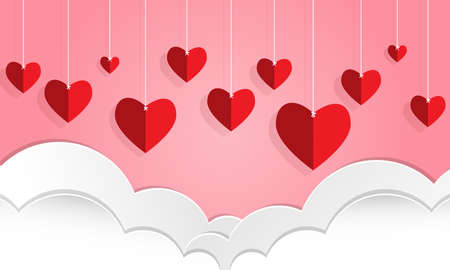 Vector illustration of red paper hearts cut hanging on pink sky and white cloud background. Concept of love and valentine day, paper art style.のイラスト素材