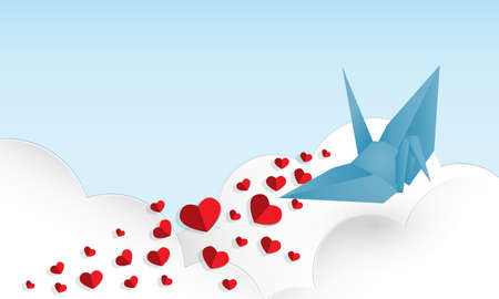 Vector illustration of  red paper hearts falling from paper origami bird in blue color on blue sky and white clouds background. Concept of love and valentine day, paper art style.のイラスト素材