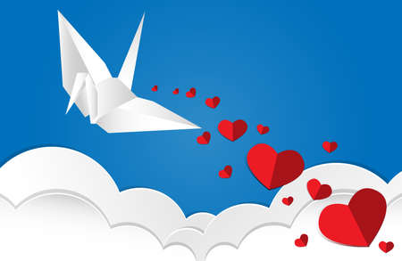 Vector illustration of white paper hearts falling from paper origami bird in blue color on blue sky and white clouds background. Concept of love and valentine day, paper art style.のイラスト素材