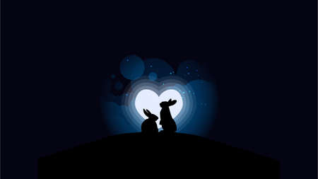 Vector illustration of rabbits couple looking at the full moon in heart shape. Night sky with stars and cloud. Vector illustration background. Design for valentine day.のイラスト素材