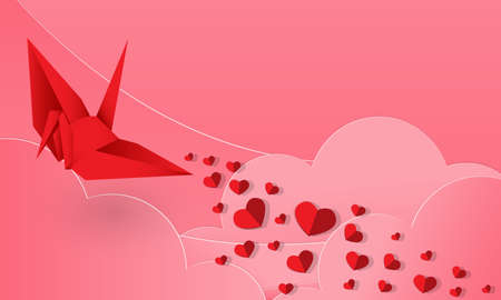 Vector illustration of  red paper hearts falling from paper origami bird in red color on pink sky and clouds background. Concept of love and valentine day, paper art style.のイラスト素材