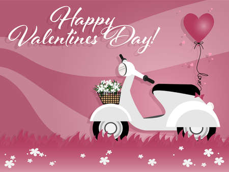 Vector illustration of "Happy Valentines Day" text, heart shape and white scooter with heart shape balloon with "Love" text in rope and small pink hearts in white flower field on pink sky background. Concept of love and valentine day.のイラスト素材