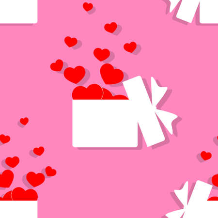 Seamless vector pattern of red heart flying from white gift box on pink background. For Valentine's day concept.のイラスト素材