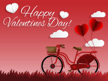 Vector illustration of "Happy Valentines Day" text, heart shape and red bicycle with red heart shape balloon on grass and red sky with cloud background. Concept of love and valentine day.のイラスト素材