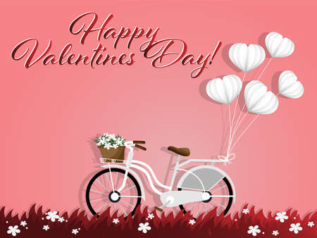 Vector illustration of "Happy Valentines Day" text, heart shape and white bicycle with heart shape balloon and with wicker basket full of spring flowers red sky background. Concept of love and valentine day.のイラスト素材