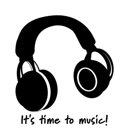  Vector illustration of headphone icon in black and white color and  "It's time to music!" text on white background.のイラスト素材