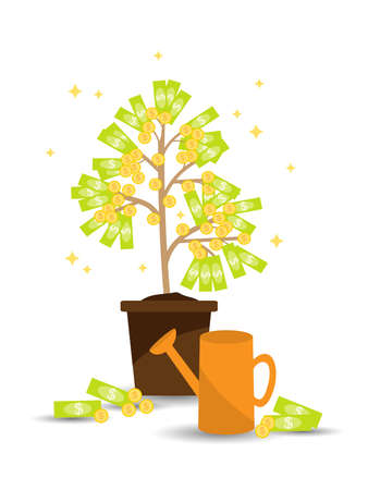 Vector illustration of Money tree in flower pot vector icon on white background. Money growing on tree. Money growth, making money, investment, profit, financial management concept.のイラスト素材