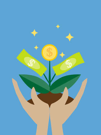 Vector illustration of Money tree in hands vector icon on white background. Money growing on tree. Money growth, making money, investment, profit, financial management concept.のイラスト素材