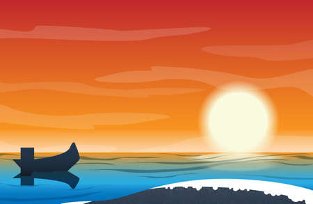 Vector illustration of boat and seascape sunset. Nature landscape background.のイラスト素材