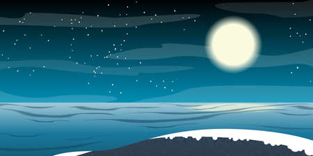 Vector illustration of seascape with moon, star and night sky. Nature landscape background.のイラスト素材