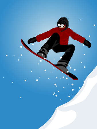 Vector illustration of snowboarder jumping against blue sky. Winter sport.のイラスト素材
