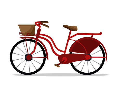 Vector illustration of red vintage ladies bicycle with wicker basket viewed from the side isolated on white background.のイラスト素材
