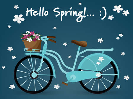 Vector illustration of red vintage ladies bicycle with wicker basket full of spring flowers viewed from the side and "Hello Spring!...:)" Text in blue background.のイラスト素材