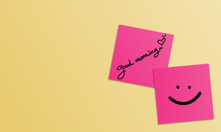 Vector illustration of handwriting of message good morning, heart shape and smile face on pink...