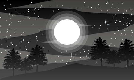 Vector illustration of silhouettes of trees on the hill with moon , star , milky way and black sky.  Nature landscape background.のイラスト素材