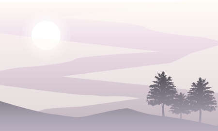 Vector illustration of silhouettes of trees on the hill with sun and purple sky. Nature landscape background.のイラスト素材