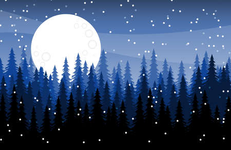 Vector illustration silhouette of blue pines tree forest with snow falling on fogging blue sky and full moon. Nature landscape background. Xmas card or winter conceptのイラスト素材