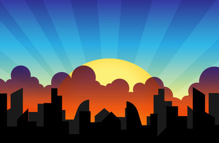 City skyline silhouette at sunset. Skyscrapers, towers and office under the cloud, sunset and light beam vector illustration.のイラスト素材