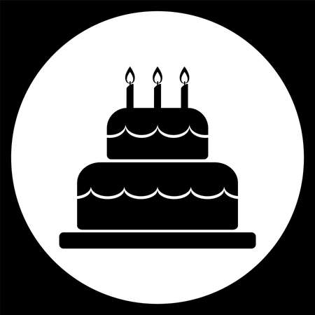 Vector illustration of Birthday cake icon in black on white circle shape background. Cake for birthday celebration with three candles. Happy birthday card.のイラスト素材