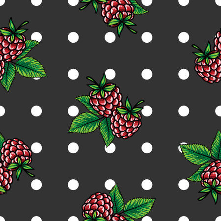 Raspberries on a white polka dot black background. Seamless pattern. Vector illustration.のイラスト素材
