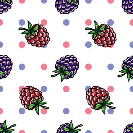 Raspberries and Blackberries on a pink and purple polka dot white background. Seamless pattern....