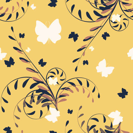 Leaf and butterfly seamless vector floral pattern on yellow background.Vector illustrationのイラスト素材