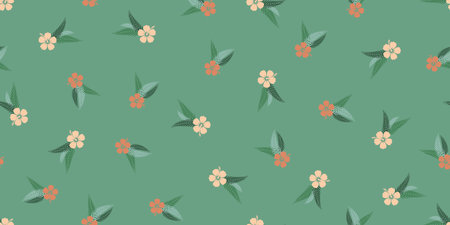 Vector floral pattern with orange flowers and green leaves on green back ground.Vector illustrationのイラスト素材