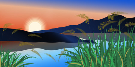 Vector illustration grass flowers and leaves near a lake with mountains and sunset sky. Nature landscape background.のイラスト素材