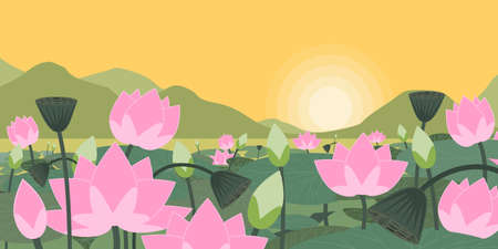 Vector illustration of pink  lotus blossom and leaves in lake with mountains and yellow sky. Nature landscape background.のイラスト素材