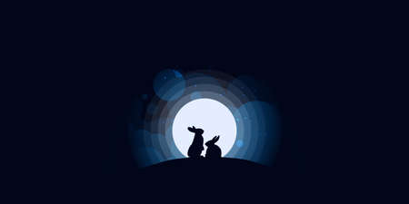 Rabbits looking at the full moon. Night sky with stars and cloud.Vector illustration background.のイラスト素材