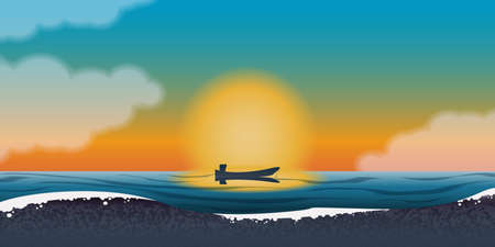 Vector illustration of a boat and seascape  sunset. Nature landscape background.のイラスト素材