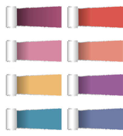 Set of Realistic torn open paper with space for text on eight color, horizontal background, holes in paper. Torn strip of paper with uneven, torn edges. Coiling torn strip of paperのイラスト素材